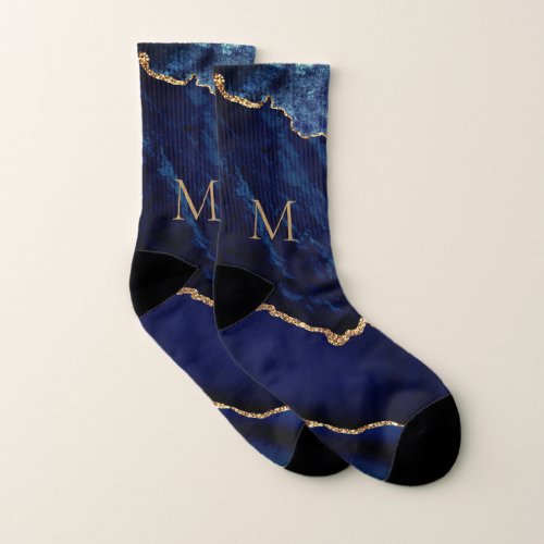 Navy Blue Gold Marble Custom Letter Socks Gift