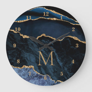 Navy Blue Gold Marble Custom Letter Wall Clock
