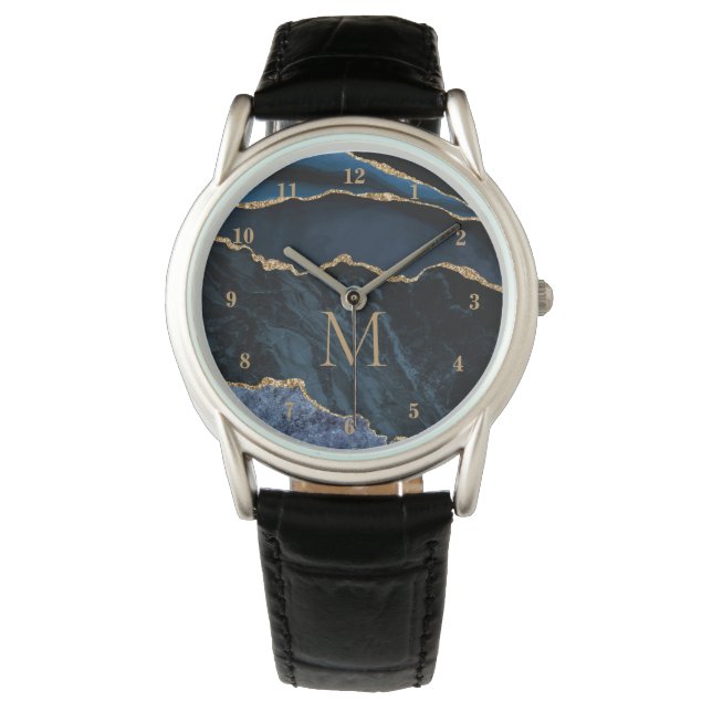Navy Blue Gold Marble Custom Letter Watch Gift (Front)
