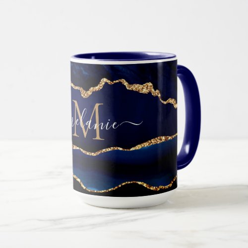 Navy Blue Gold Marble Custom Letter Your Name Mug