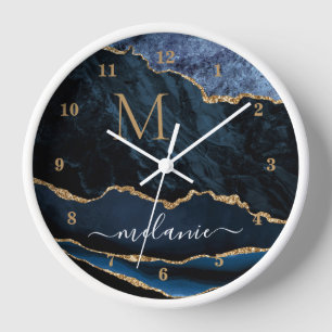 Navy Blue Gold Marble Custom Name and Letter Clock