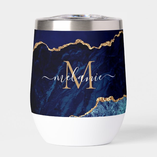 Navy Blue Gold Marble Custom Name and Letter Thermal Wine Tumbler (Front)