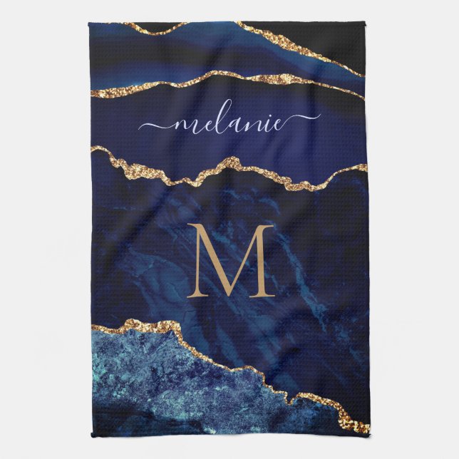 Navy Blue Gold Marble Custom Name Kitchen Towel (Vertical)