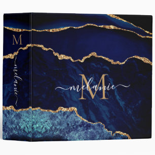 Navy Blue Gold Marble Custom Name Letter Binder