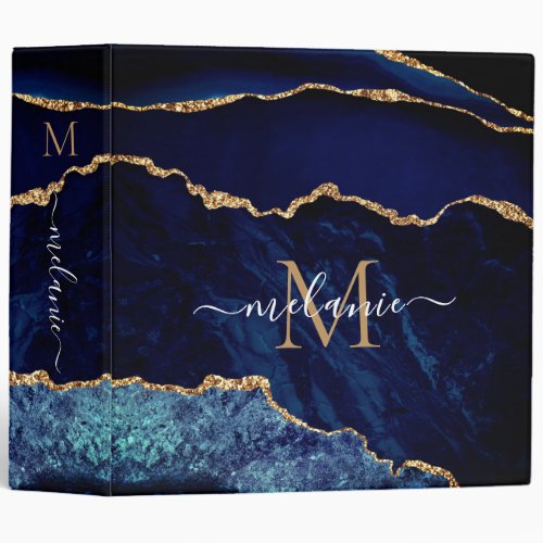 Navy Blue Gold Marble Custom Name Letter Binder