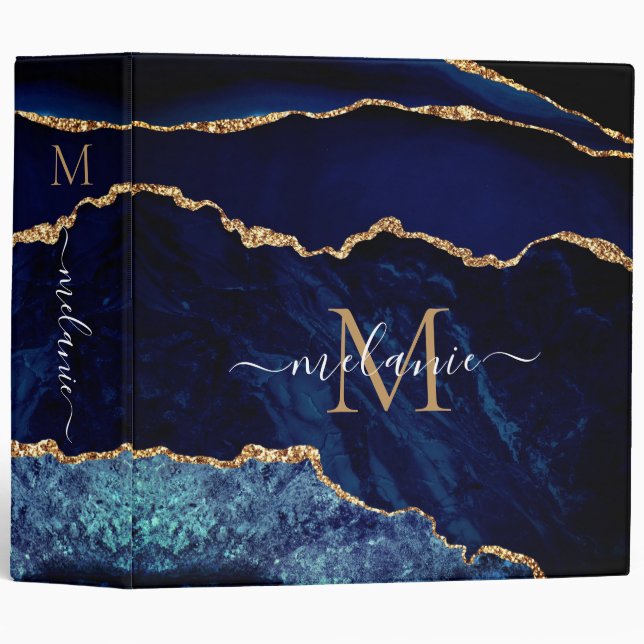 Navy Blue Gold Marble Custom Name Letter Binder (Front/Spine)
