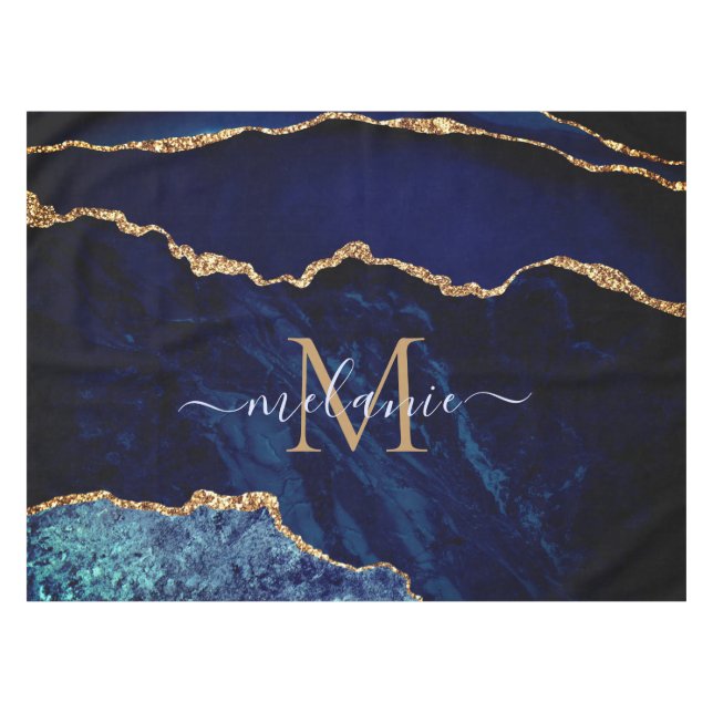Navy Blue Gold Marble Custom Name Tablecloth (Front (Horizontal))