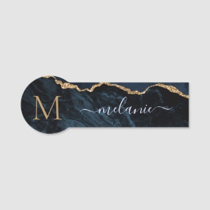 Navy Blue Gold Marble Custom Name Tag with Letter