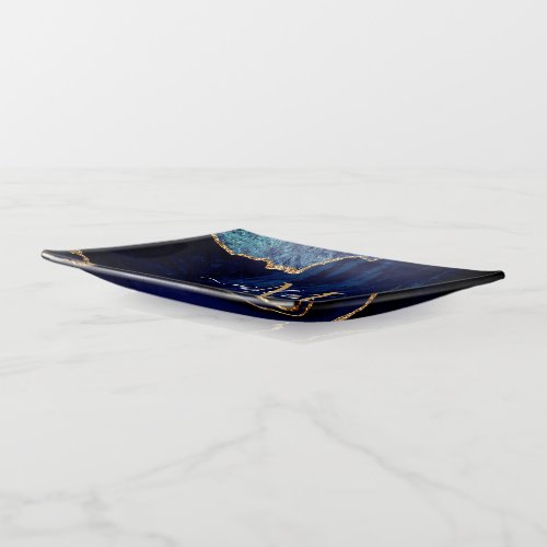 Navy Blue Gold Marble Custom Name Trinket Tray