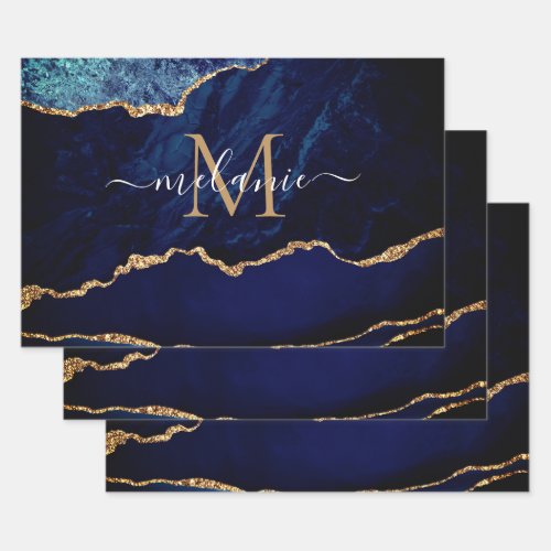 Navy Blue Gold Marble Custom Name Wrapping Paper