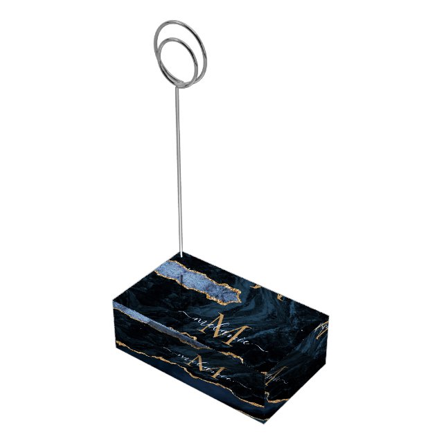 Navy Blue Gold Marble Custom Your Letter and Name Place Card Holder (Corner)
