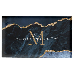 Navy Blue Gold Marble Custom Your Letter Name Place Card Holder