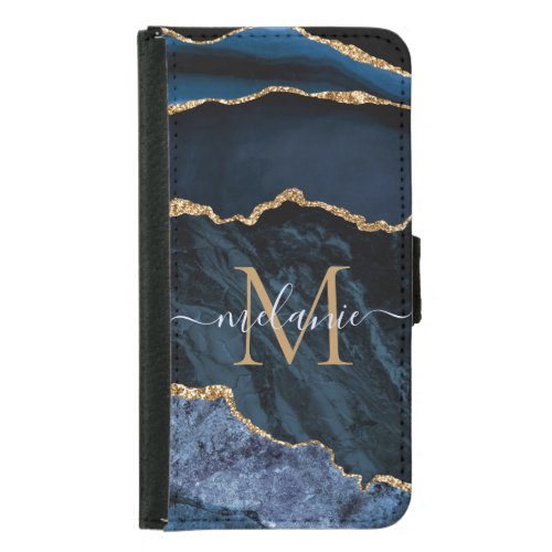 Navy Blue Gold Marble Custom Your Letter Name Samsung Galaxy S5 Wallet Case