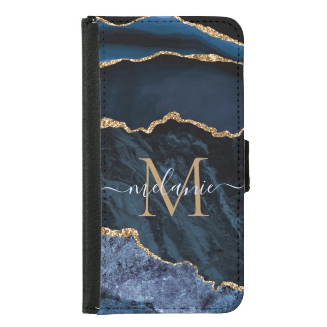 Navy Blue Gold Marble Custom Your Letter Name Samsung Galaxy Wallet Case (Front)