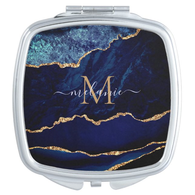 Navy Blue Gold Marble Letter Name Compact Mirror (Front)
