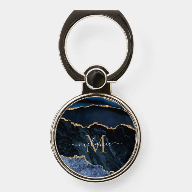 Navy Blue Gold Marble Letter Name Phone Ring Stand (Front)