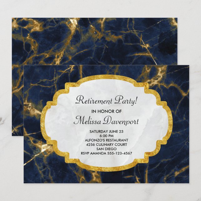 Navy Blue & Gold Marble Modern Stylish Retirement Invitation (Front/Back)