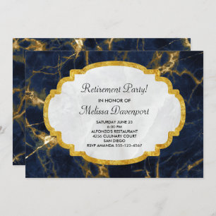 Navy Blue & Gold Marble Modern Stylish Retirement Invitation