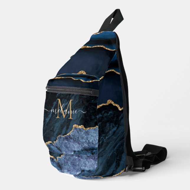 Navy Blue Gold Marble Monogram Letter Custom Name Sling Bag (Right Corner)