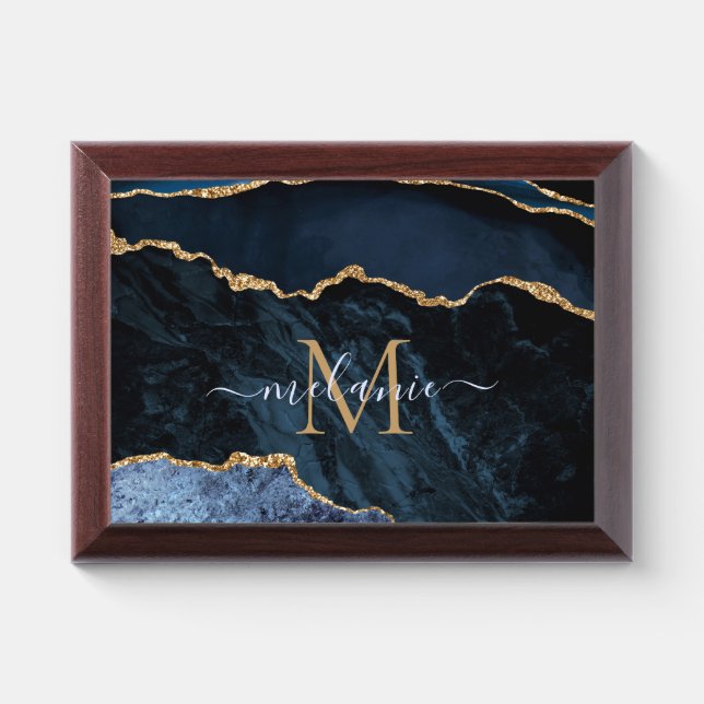 Navy Blue Gold Marble Monogram Name Award Plaque (Horizontal)