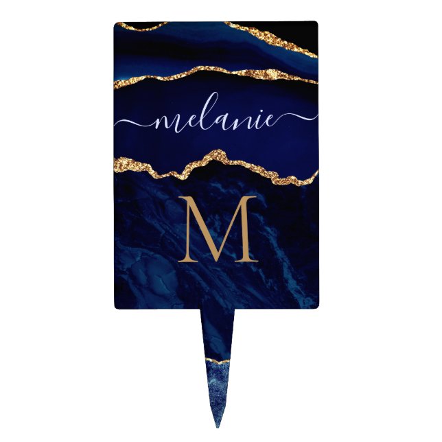 Navy Blue Gold Marble Monogram Name Cake Topper (Front)