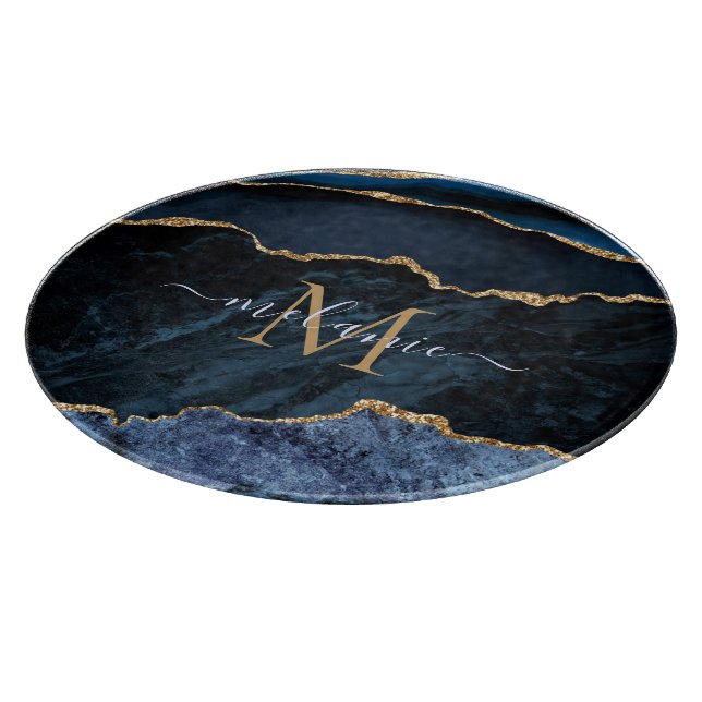 Navy Blue Gold Marble Monogram Name Cutting Board (Corner)