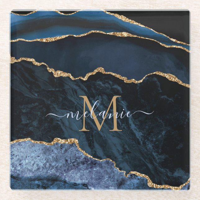 Navy Blue Gold Marble Monogram Name Glass Coaster (Front)