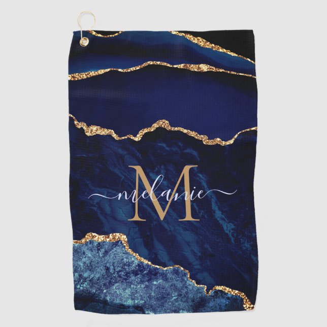 Navy Blue Gold Marble Monogram Name Golf Towel (Front)