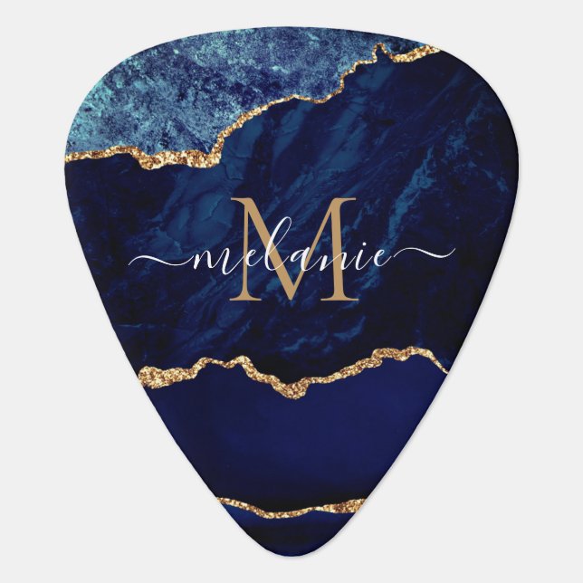 Navy Blue Gold Marble Monogram Name Guitar Pick (Front)