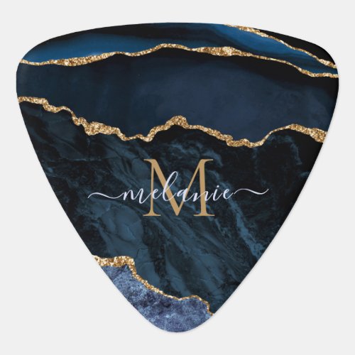 Navy Blue Gold Marble Monogram Name Guitar Pick