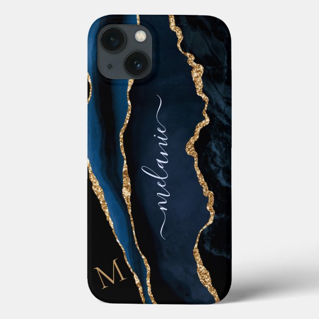Navy Blue Gold Marble Monogram Name iPhone Case (Back)