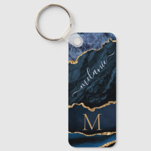 Navy Blue Gold Marble Monogram Name Keychain