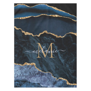 Navy Blue Gold Marble Monogram Name Tablecloth