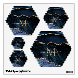 Navy Blue Gold Marble Monogram Name Wall Decal