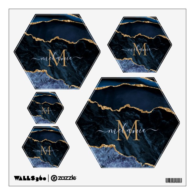 Navy Blue Gold Marble Monogram Name Wall Decal (Front)