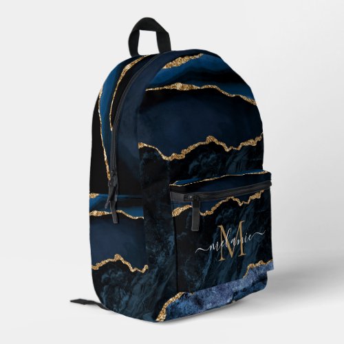 Navy Blue Gold Marble Monogram Your Name Backpack