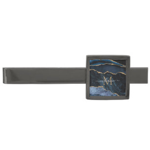 Navy Blue Gold Marble Monogram Your Name Tie Bar