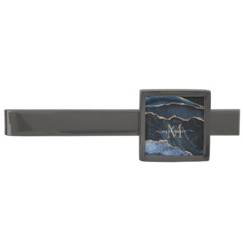 Navy Blue Gold Marble Monogram Your Name Tie Bar