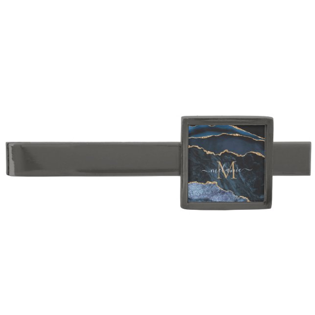 Navy Blue Gold Marble Monogram Your Name Tie Bar (Front)