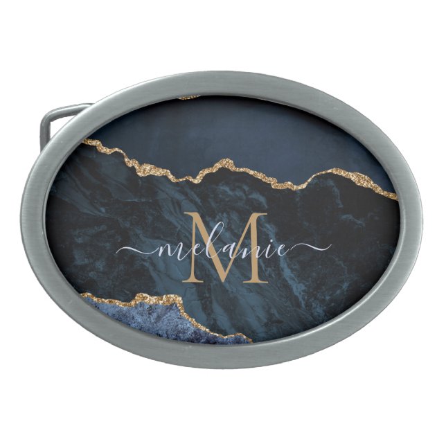 Navy Blue Gold Marble Name Letter Belt Buckle (Front)