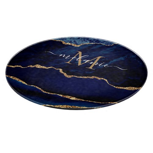 Navy Blue Gold Marble Name Letter Cutting Board