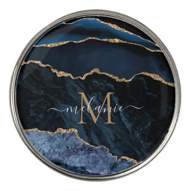Navy Blue Gold Marble Name Letter Golf Ball Marker (Front)