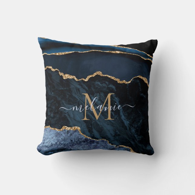 Navy Blue Gold Marble Pillows Your Name and Letter (Front)