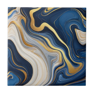 Navy Blue Gold Marble Swirls Ceramic Tile