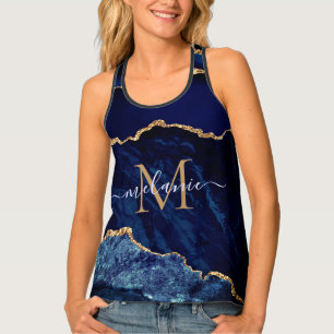 Navy Blue Gold Marble Tank Top Custom Name Letter