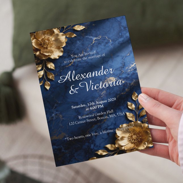 Navy Blue Gold Marble Wedding Invitation (Creator Uploaded)