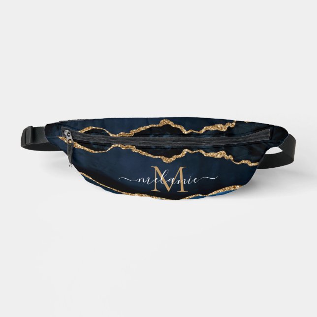 Navy Blue Gold Marble Your Letter Name Fanny Pack (Front)