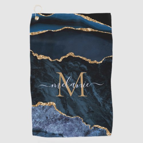 Navy Blue Gold Marble Your Letter Name Golf Towel