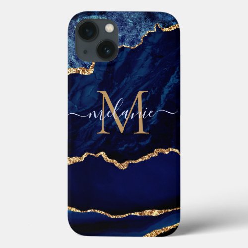 Navy Blue Gold Marble Your Letter Name iPhone Case