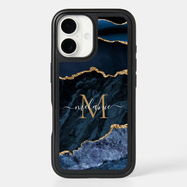 Navy Blue Gold Marble Your Letter Name iPhone Case (Back)